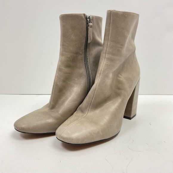 Gianni Bini | SZ 7 Beige Grey Leather Block Heel Mid Calf Heeled Boot Booties - Picture 2 of 10